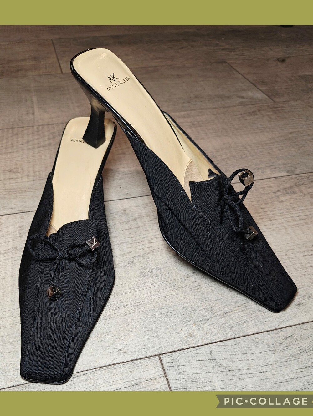 Y2K Anne Klein Kitten Heel Snip Toe Mules w Bows & Gold Block Logo Charms.
